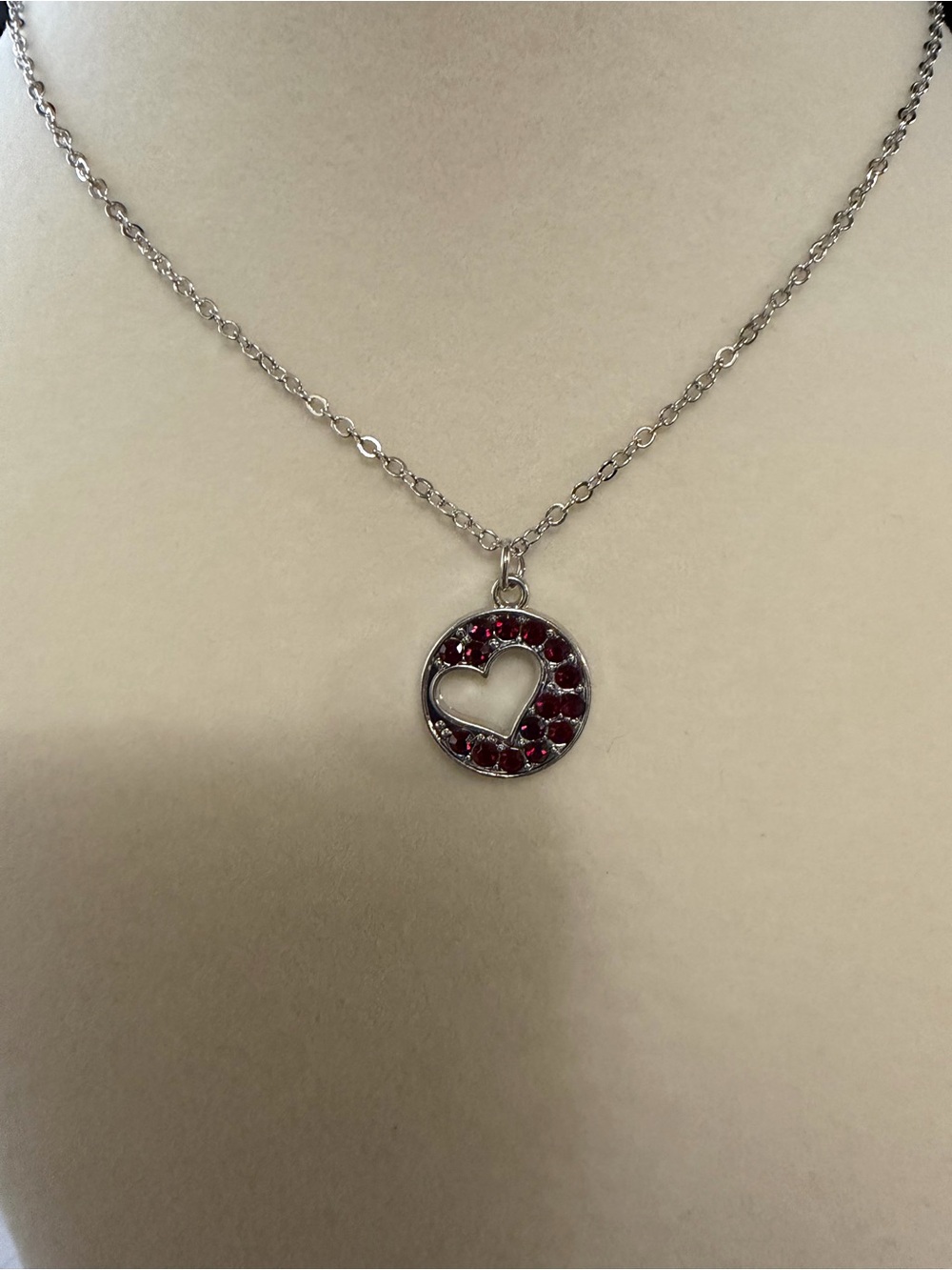 Heart Circle Pendant Necklace with Red Stones - Women Jewelry